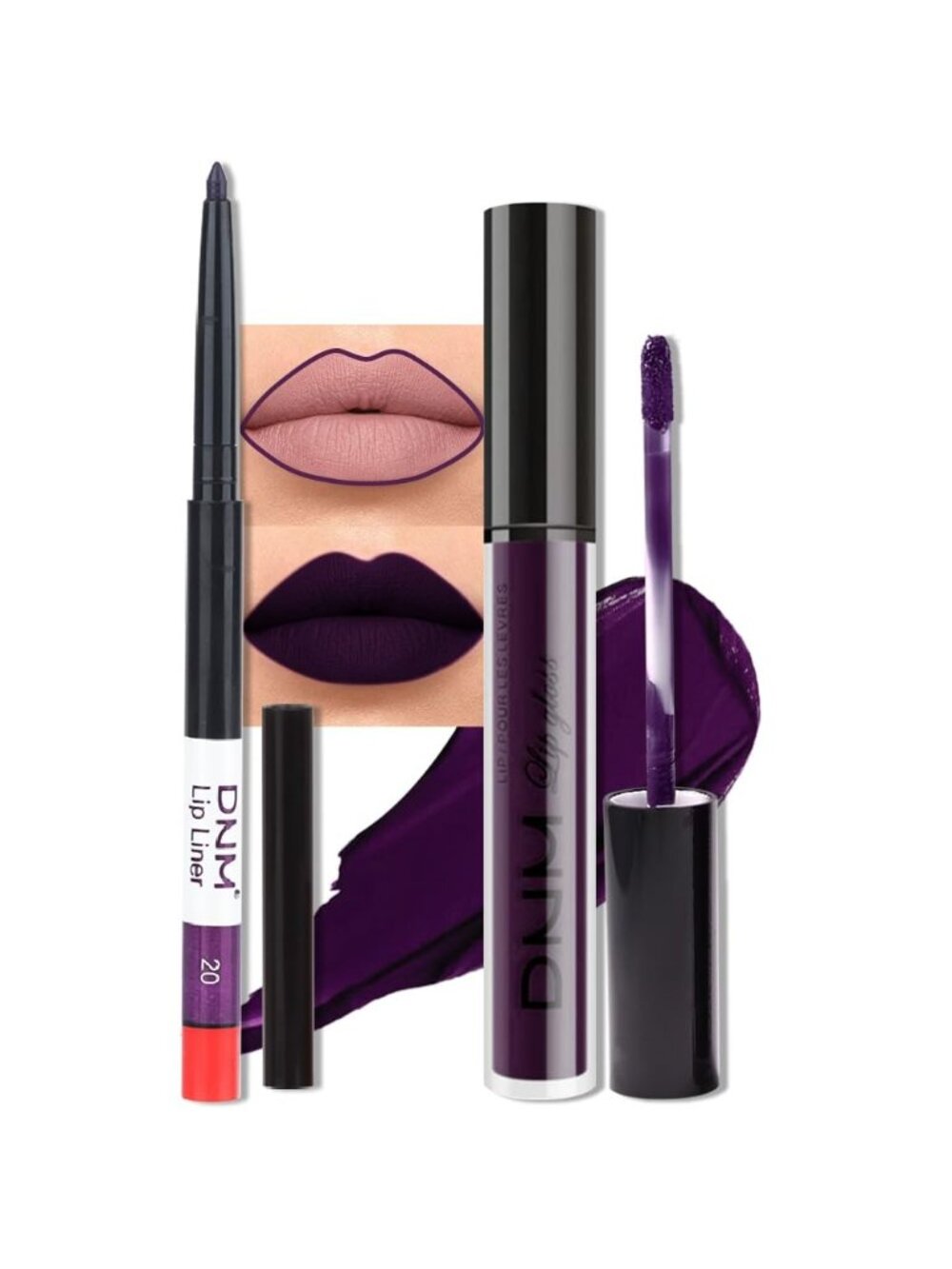DNM 20# Deep Purple 2Pcs 24H Long-Lasting Matte Liquid Lipstick and Lip Liner